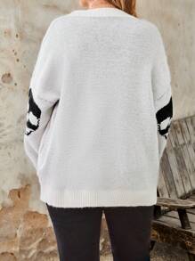 Plus Size Women Skull Pattern Crew Neck Long Sleeve Casual Sweater, Autumn Winter Knit Pullover Fall - Black and White - View 2