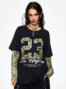 ROMWE Grunge Punk Casual & Oversized Dry Branch & Letter Print T-Shirt For Women, Sports Style