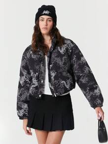 SHEIN EZwear 1 buah Mantel Musim Dingin Wanita Motif Hitam - Hitam - View 1