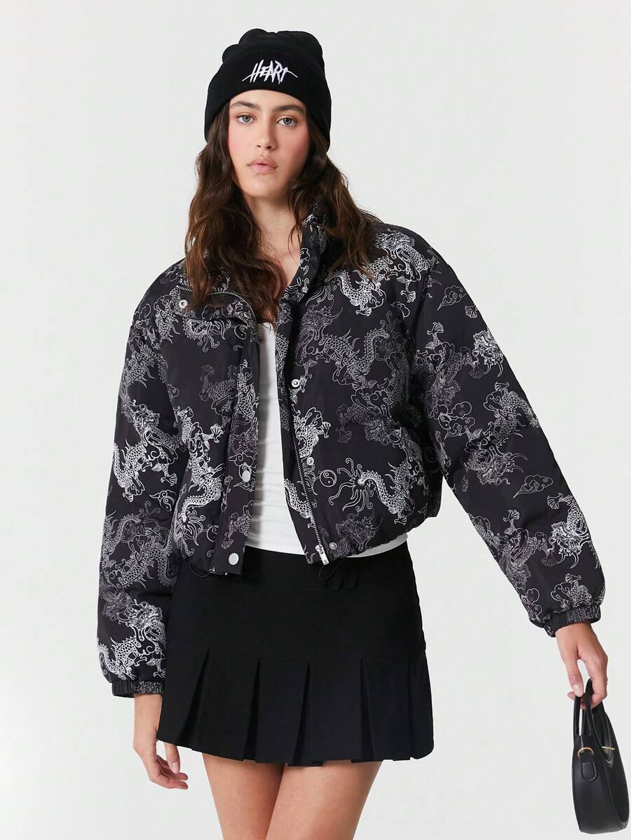 SHEIN EZwear 1 buah Mantel Musim Dingin Wanita Motif Hitam - Hitam - View 1