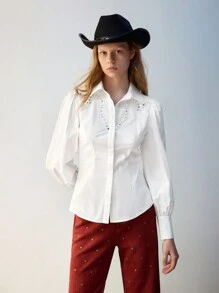 Maija Camisa blanca casual de botones con mangas abombadas de larga duración, otoño - Blanco - Ver 5