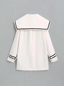 Sweetra Áo khoác cổ xanh navy, hai hàng khuy, mùa thu và đông - Màu be - Xem 2