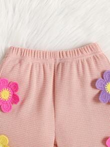 SHEIN 2 件装女婴舒适彩色 3D 花朵上衣和裤子套装 - 粉色 - 查看 7