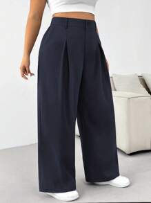 SHEIN EZwear 大码纯色前扣简约西装裤，休闲日常装，毕业装，返校装，秋冬女士教师装 - 藏蓝色 - 查看 1