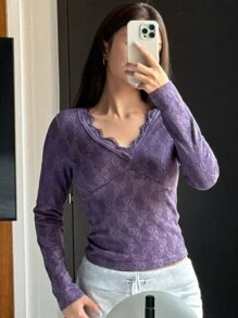 DAZY Lace Trim Fitted Sleepwear Top, Thermal Lined Fall,Winter Pajama