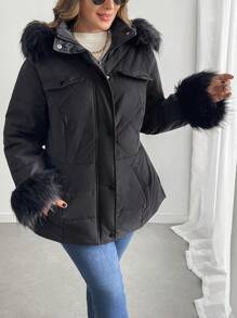 SHEIN LUNE Plus Size Solid Color Fuzzy Patchwork Front Zipper Long Sleeve Casual Padded Padded Coat Clothes Winter