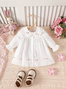 SHEIN Newborn Baby Ruffled Collar Long Sleeve Dress With 3D Butterfly Decor - White - View 3