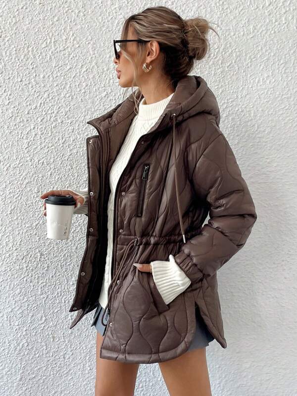 Aveloria Modichic Padrão de onda texturizado acolchoado com zíper com cordão casual versátil comprimento médio com capuz acolchoado casaco acolchoado roupas inverno