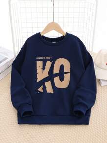 Tween Boy Letter Print Comfortable Crew Neck Long Sleeve Sweatshirt, Suitable For Spring & Autumn - Navy Blue - View 1