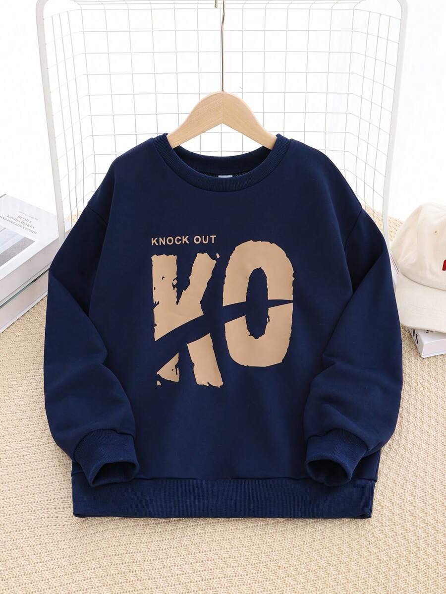 Tween Boy Letter Print Comfortable Crew Neck Long Sleeve Sweatshirt, Suitable For Spring & Autumn - Navy Blue - View 1