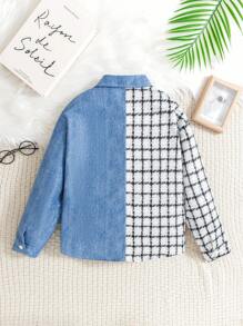 女童黑白格子拼布牛仔夹克，秋季 - 藍色 - 查看 2
