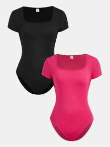 SHEIN Bộ 2 bộ đồ liền thân tay ngắn cổ vuông đơn giản dành cho bé gái tuổi teen - Màu Hồng Tươi - Xem 1