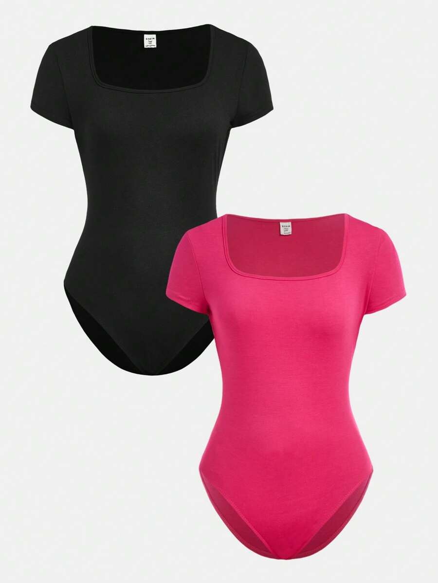 SHEIN Bộ 2 bộ đồ liền thân tay ngắn cổ vuông đơn giản dành cho bé gái tuổi teen - Màu Hồng Tươi - Xem 1