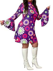 Plus Size Women's Bell Sleeve Printed Casual Knit Dress, Autumn