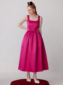 SHEIN Belle 女士方领褶皱荷叶边花卉点缀正式晚礼服 - 玫紅色 - 查看 5