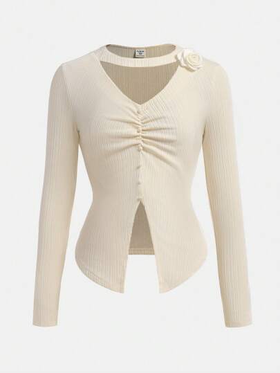 SHEIN 少女针织纯色/3D 花卉/领口荷叶边/优雅品质/纽扣/长袖 T 恤，镂空/3D 花卉罗纹饰边 T 恤