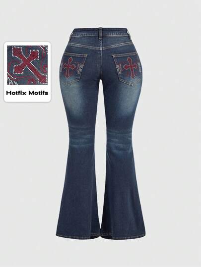 Grunge Punk Große Größen Damen Bootcut Jeans mit Kreuz- und Hotfix Strass Verzierungen, Schule