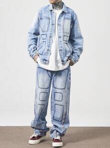 Manfinity EMRG Bộ 2 áo sơ mi nam cài nút phía trước nhiều túi và quần jeans thường ngày - Rửa nhẹ - Xem 3