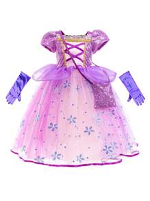 Glamorique Kids 年轻女孩圣诞节万圣节公主裙舞会礼服，亮片短袖花卉亮片薄纱蕾丝裙，白色蕾丝花边，紫色薄纱，金色丝带，紫粉色撞色下摆紫色丝带，珠饰迷你钱包，舞台表演角色扮演 - 紫色 - 查看 6
