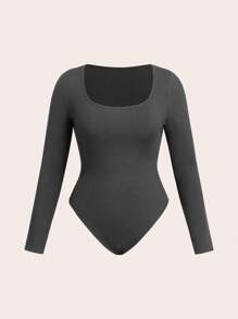 Franclia 2pcs Plus Size Gray U-Neck Bodysuit With Wide Leg Pants, Casual Outdoor Fashion Minimalist Style, Knitted Fabric Fall Cloth For Women - Grey - View 7