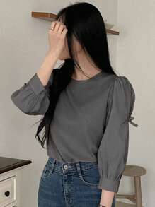 DAZY Women's Solid Color Round Neck Bow Decor 3/4 Sleeve Patchwork Blouse, Spring & Fall,Back To School Clothes Long Sleeve Top - Dark Grey - View 5