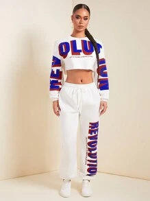 SHEIN SXY 秋冬休闲字母印花短款连帽衫和运动裤套装 - 白色 - 查看 5