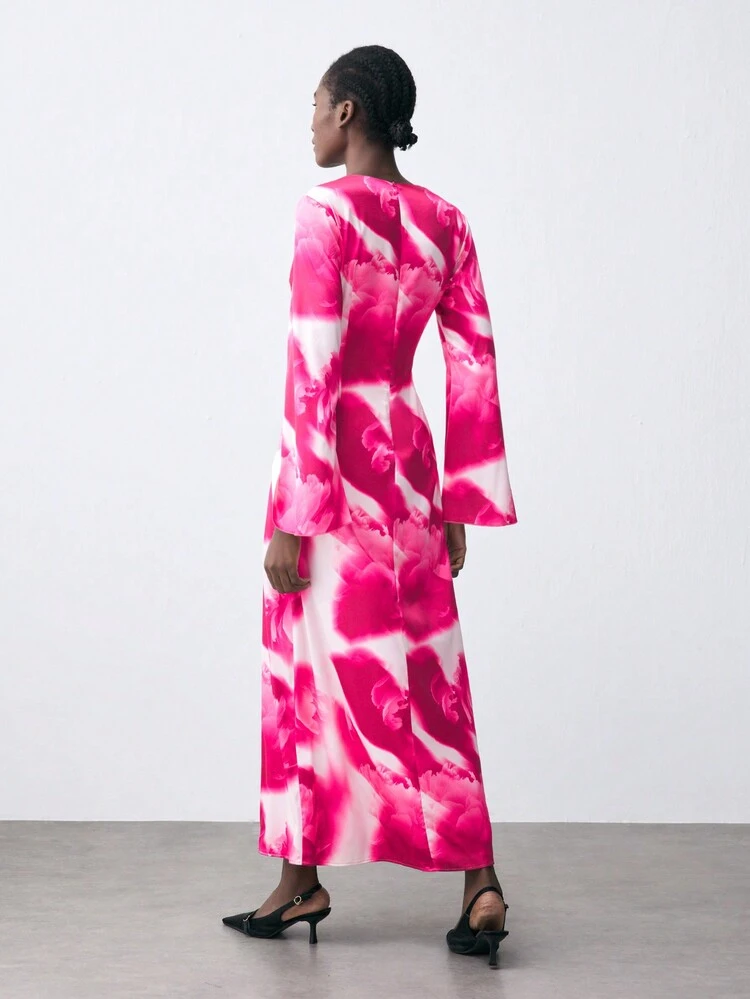 SHEIN Maija Women Floral Print V-Neck Long Sleeve Dress, Autumn