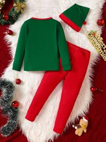 2 件装年轻男孩趣味圣诞印花拼接牛奶丝保暖长袖衬衫和裤子套装带帽子，休闲睡衣，舒适贴身 - 紅色 - 查看 2