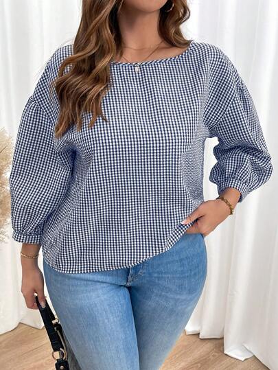 SHEIN Essnce 大码女装时尚返校服秋装女衬衫秋装教师服女复古服长袖格子衬衫休闲通勤秋季中长袖黑白格子宽松衬衫