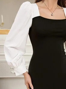Modelyn 女式黑白拼布长袖圆领休闲连衣裙 - 黑與白 - 查看 5