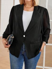 Plus Size Solid Color Front Button Long Sleeve Casual Top And Blazer Jacket Set - Black - View 6