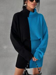 RueChic 女士彩色厚款常规版型冬季毛衣套装搭配迷你裙两件套 - 黑色 - 查看 7