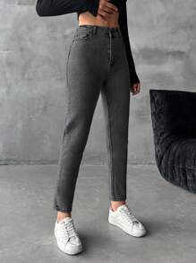 SHEIN Cottnline 拉链门襟紧身牛仔裤 - 灰色 - 查看 5