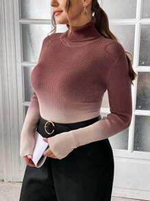 SHEIN Essnce Plus Size Women's Gradient Turtleneck Sweater Pullover Top,Burgundy,Smart Casual,Everyday Warm Inner Wear Fashionable Casual Costumes Fall/Winter - Multicolor - View 4