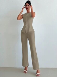 Firerie 2pcs Women Sleeveless Vest Top + Trousers Suit, Elegant Business Commuter Set - Khaki - View 7
