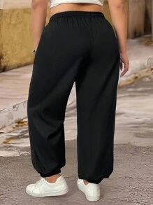 SHEIN LUNE Plus Size Women's Solid Color Black Front Tie Pocket Simple Casual Cargo Pants - Black - View 2
