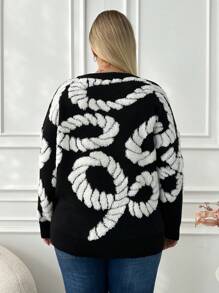 RueChic Frenchy Plus White Detailed Knit Sweater - Black and White - View 2