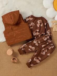 男婴/女婴 2 件套服装：棕色长袖熊印花上衣和裤子，秋冬 - 彩色 - 查看 2