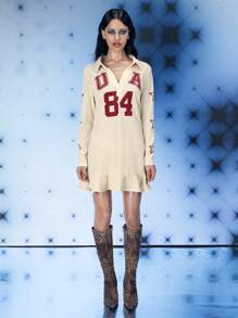 FREAK CITY Designer Women USA 84 Printed Ruffled Hem Mini Waffle Dress Retro Street Apricot Dress, For Spring, Beach, Festival, Holiday, Party, Vacation, Birthday Outfits, Ibiza Fits, Prom Dress - Apricot - View 1