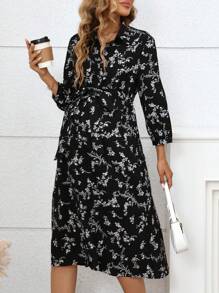 SHEIN Maternity White Floral Print 3/4 Sleeve Loose Fit Dress With Shirt Collar And Belt - Black and White - View 4
