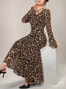 Modelyn Women's Long Sleeve Halter Leopard Print Dress, Casual Daily Wear Maxi Women Outfit Long Evening Dresses Fall Cloth For Women - Brown - View 6