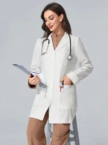 TaskEZ Front Button Closure Long Sleeve Pocket Lab Coat/White  Coat - White - View 8