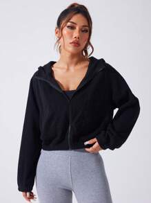 SHEIN Áo khoác thể thao giản dị tối giản dài tay có khóa kéo trơn - màu đen - Xem 4