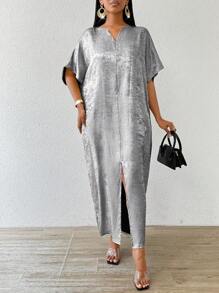 SHEIN Lady 四季/婚礼嘉宾/服装/舞会礼服/金色裙子/晚宴服装/金色女士缎面提花前开衩连衣裙，休闲派对优雅 - 銀色 - 查看 3