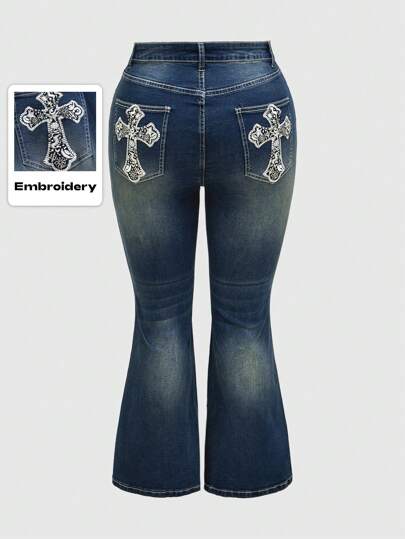 Goth Große Größen lässige Schlagjeans mit schlanker Passform und Kreuz Stickerei, Schulset