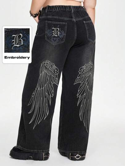 Grunge Punk Plus Size Women Loose Casual Wide Leg Wing Embroidered Jeans
