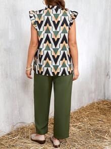 SHEIN LUNE Plus Size Women Geometric Print V-Neck Blouse And Pants 2pcs Casual Suit Set - Multicolor - View 2