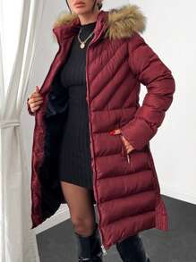 EURMUSE FUZZY TRIM BELTED HOODED WINTER COAT - Rose Red - View 4