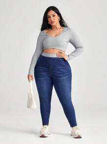 SHEIN CURVE+ Blue Plus Size Jeans Skinny Stretch Trousers Lined For Added Warmth Thermal Denim - Dark Wash - View 6