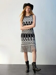 Maija Women's Western-Style Crew Neck All-Over Print Fringe Hem Sleeveless Sweater Dress, Autumn & Winter